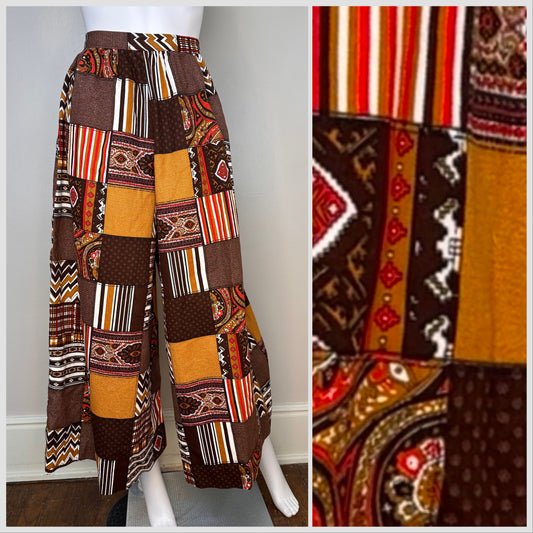 1970s Brown Patchwork Print Palazzo Pants, Handmade Size XXS, Full Wide Leg