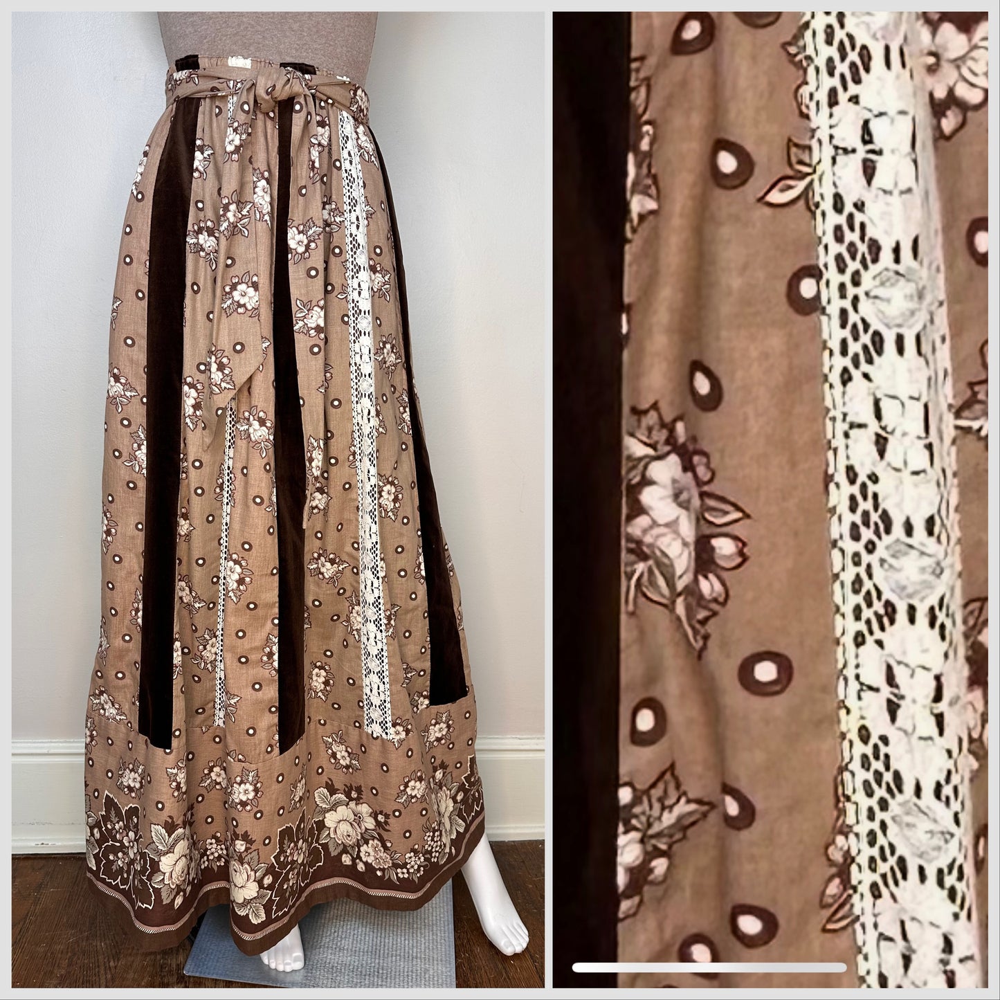 1970s Mocha Brown Floral, Lace, and Brown Velvet Patchwork Maxi Skirt, Mr Hank Size XS-Small