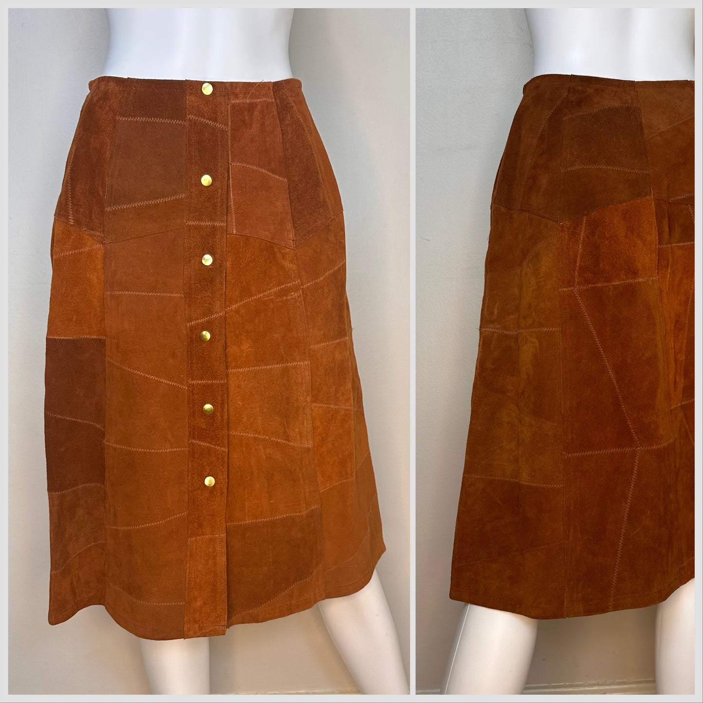 1970s Chestnut Brown Patchwork Leather Midi Skirt, Snap Front, Hide Away Mexico Size XS/S