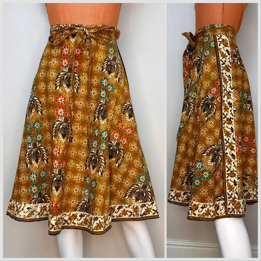 1970s Geometric Floral Wrap Skirt, Border Print, Boho Batik Style, Size XS-Medium