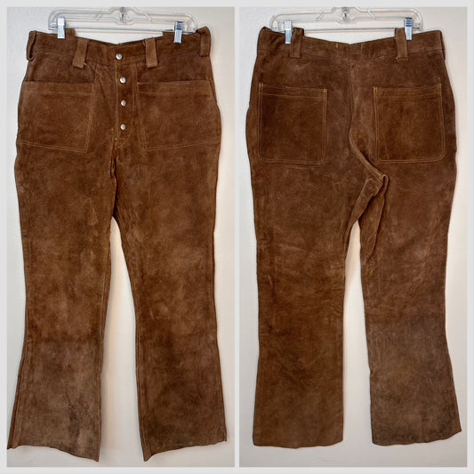 1960s/70s Brown Leather Pants, Snap Fly, 34"x32"