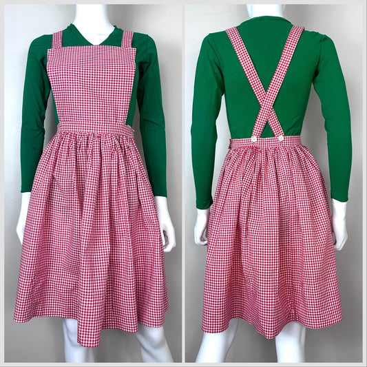 1950s Red Gingham Check Overall Jumper Dress with Removable Bib and Straps, Size Small/Medium, Handmade, Full Skirt