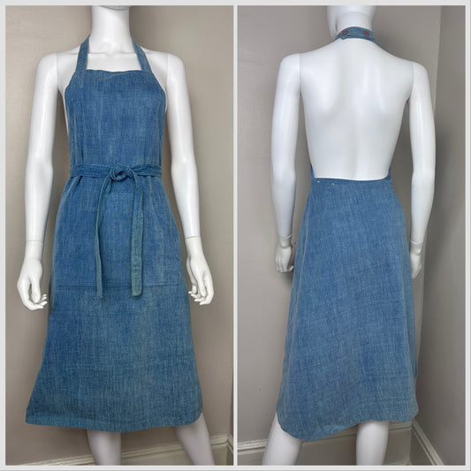 1970s Denim Halter Jumper Wrap Dress, Glenora Jrs Size Medium-Large