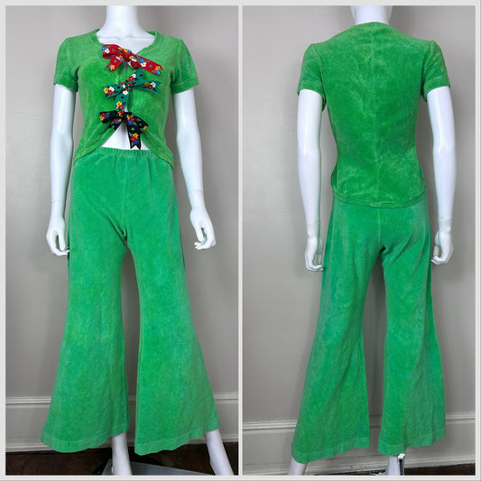 1970s Bright Green Terrycloth Top and Bellbottom Pants, Alley Cat by Betsey Johnson Size Small