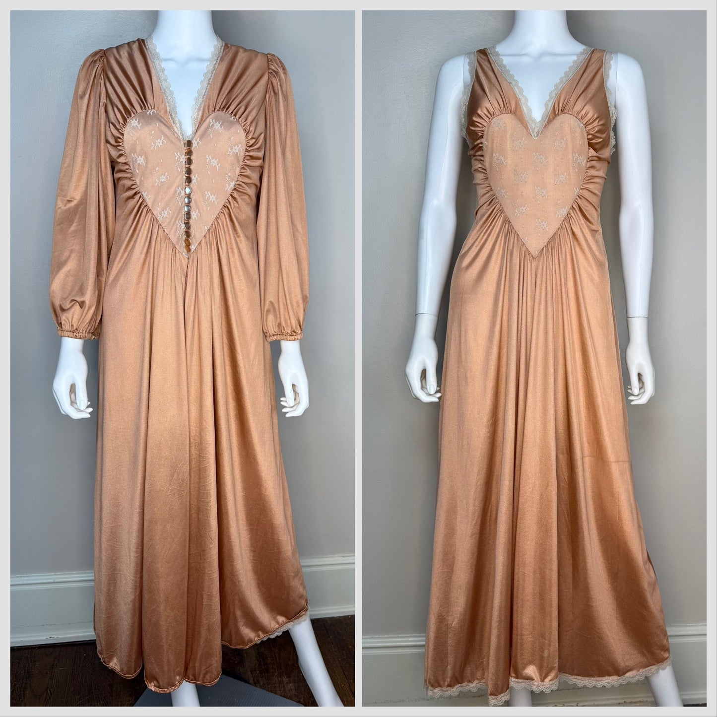 1970s Rose Gold Lace Heart Peignoir Set, Nightgown and Robe, Size XS/Small