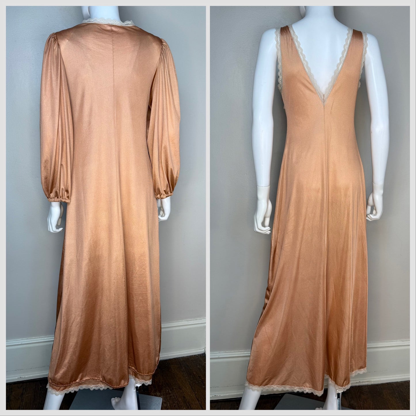 1970s Rose Gold Lace Heart Peignoir Set, Nightgown and Robe, Size XS/Small