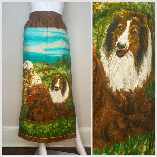 1970s Dog Maxi Skirt, Handmade, Size Small, Wesco-Reltex Picture Panel Fabric