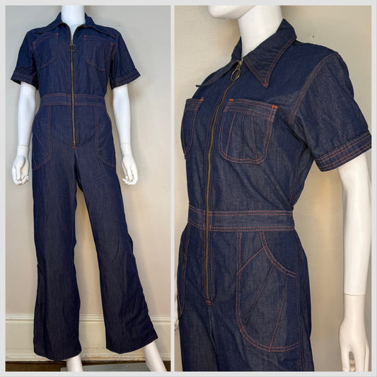 1970s Denim Zip Up Jumpsuit, Sears Size 36R, Small/Medium