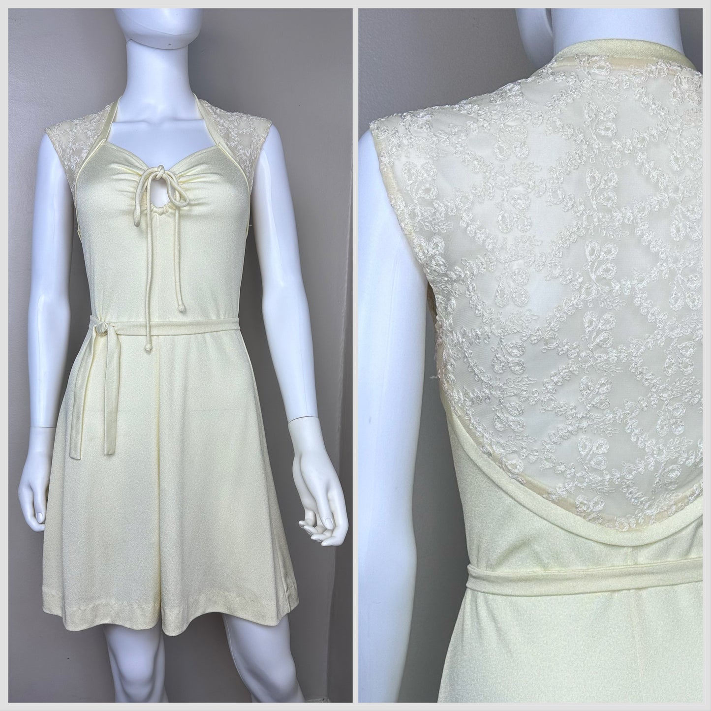 1970s Cream Knit Mini Dress with Sheer Lace Back, Size XS