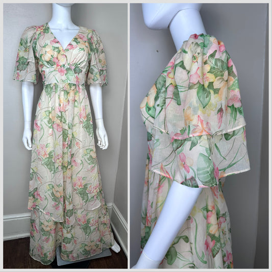 1970s Floral Layered Maxi Dress, Camela of California Size Small