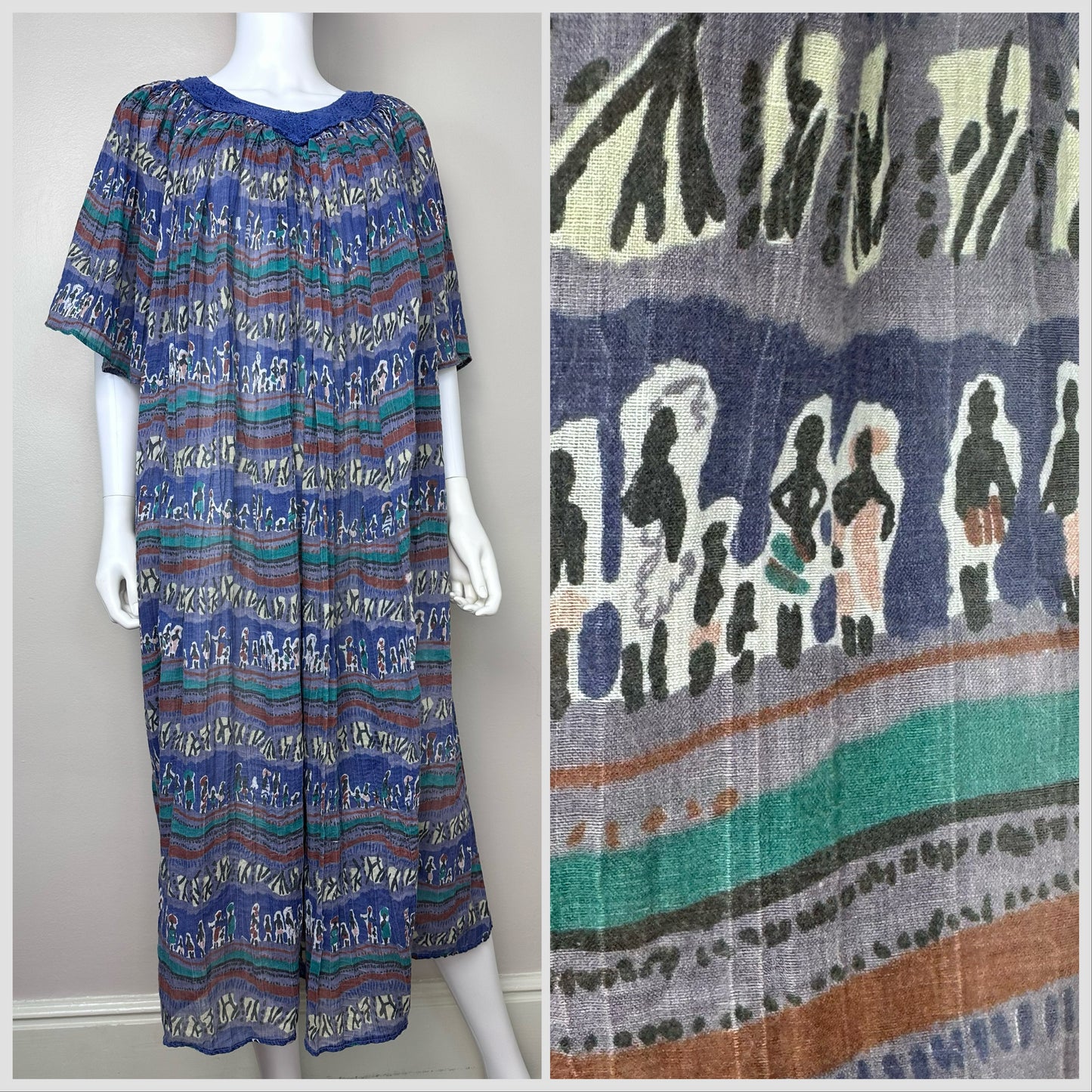 1970s/80s Novelty Print Gauze Muumuu Dress, Naqui, Caftan Gown, Open Sizing