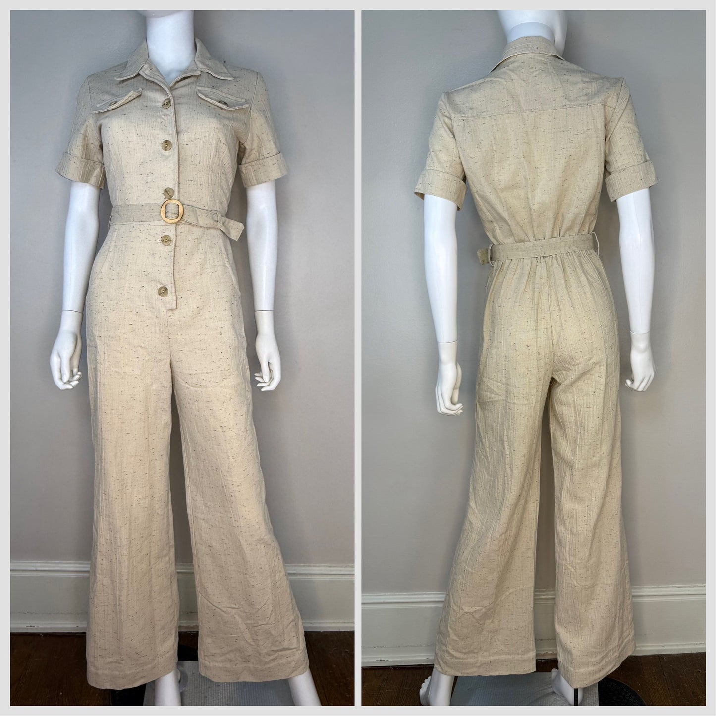 1970s Tan Safari Flare Leg Jumpsuit, Sears Jr Bazaar Size Small