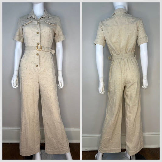 1970s Tan Safari Flare Leg Jumpsuit, Sears Jr Bazaar Size Small