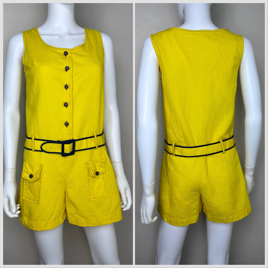 1970s Yellow Mod Romper, Sleeveless, Drop Waist