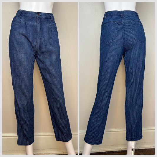 1970s Ribbed Dark Denim Pleated Blue Jeans, Sears Jr Bazaar, 25"x27", High Rise Tapered Leg