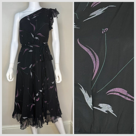 1970s/80s Sheer Black Abstract Floral Asymmetrical One Shoulder Dress, Inner Circle Inc Size Small