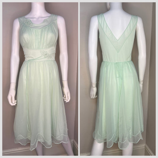 1950s Sheer Pastel Green Nightgown with Floral Appliqués, Shadowline Size XS-Small, Mint, Nylon