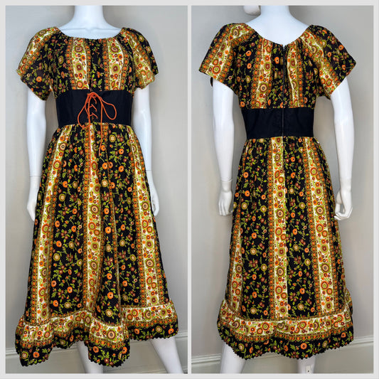 1960s Black and Orange Floral Peasant Dress with Corset Waist, Carol Brent Size Small-Medium, Montgomery Ward