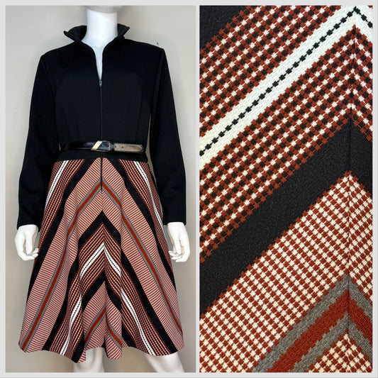 1970s Double Knit Dress, Front Zip Black Rib Knit Bodice, Brown Chevron Stripe Skirt, Country Fair Size Large