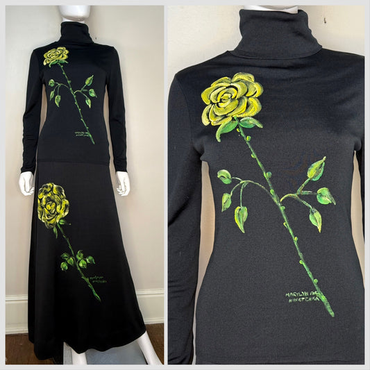 1970s Hand Painted Black Knitwear Set, Marilyn for Ninotchka Size Small, Sakowitz, Yellow Rose, Turtleneck Sweater, Maxi Skirt
