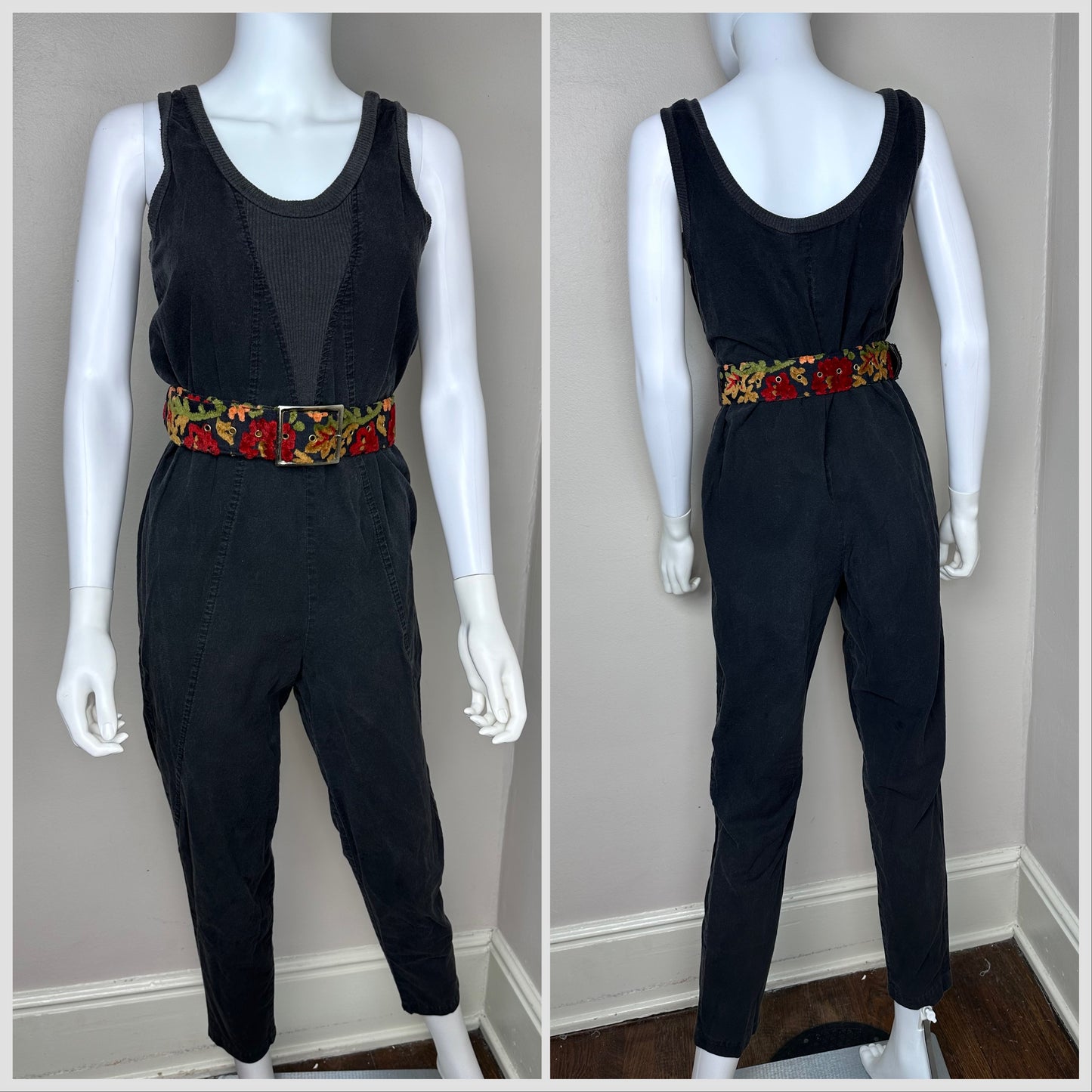 1980s Black Sleeveless Jumpsuit, A. Byer Size Small-Medium, Tapered Leg