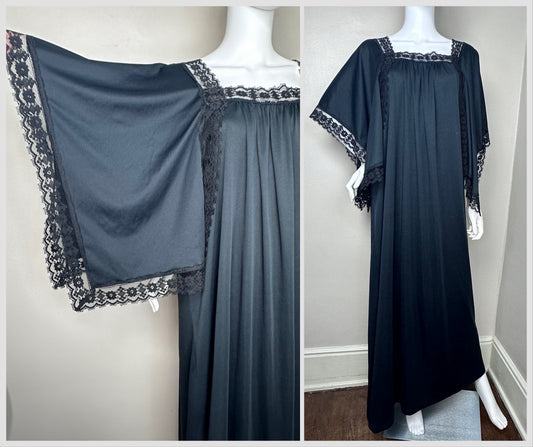 1970s Black Boho Maxi Dress with Large Handkerchief Sleeves, Size XL, Muumuu Caftan