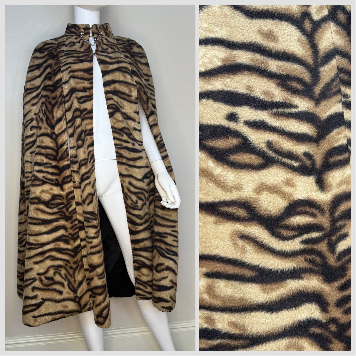 1960s/70s Faux Fur Cape, Tiger Print, Open Sizing