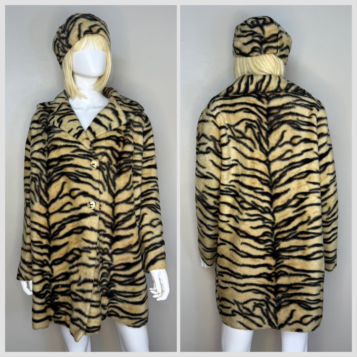 1960s Tiger Print Faux Fur Coat and Hat Set, Handmade Size Medium-Large