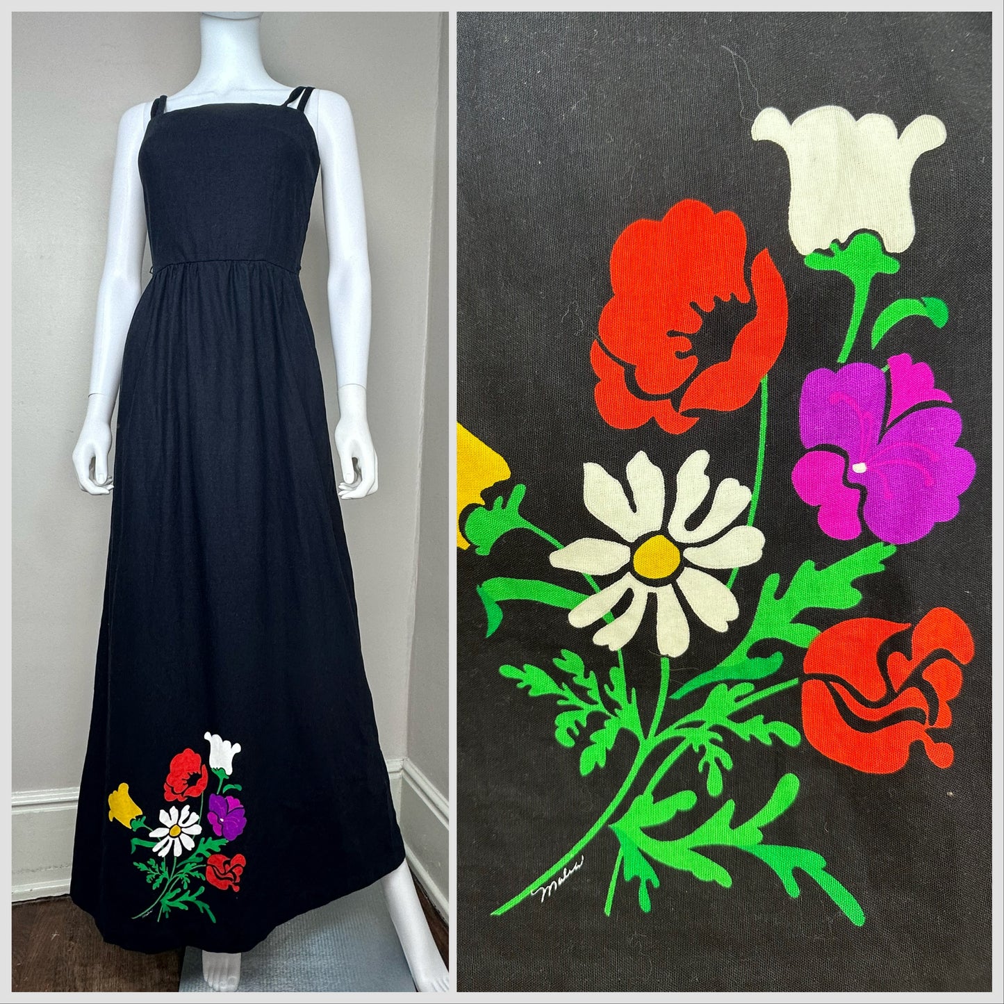 1970s Black Maxi Dress with Floral Border Print, Malia Size XXS/XS