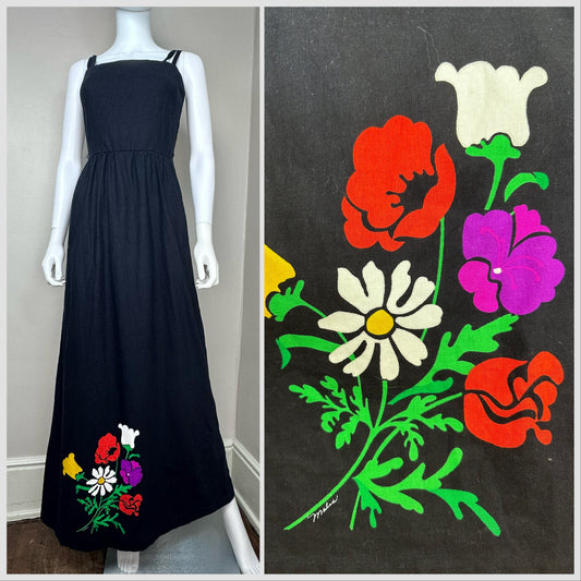 1970s Black Maxi Dress with Floral Border Print, Malia Size XXS/XS