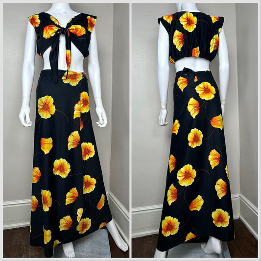 1970s Hawaiian Floral Crop Top and Wrap Skirt Size Large