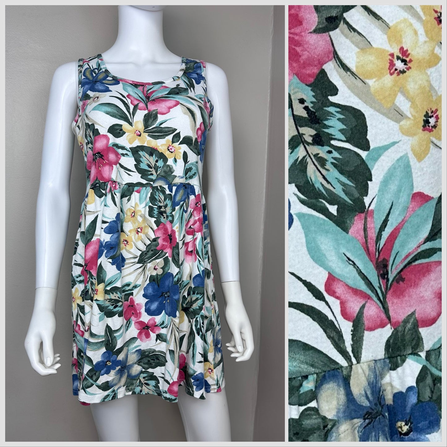 1990s Tropical Floral Knit Sleeveless Mini Dress, No Boundaries Size Small-Medium, Babydoll Dress