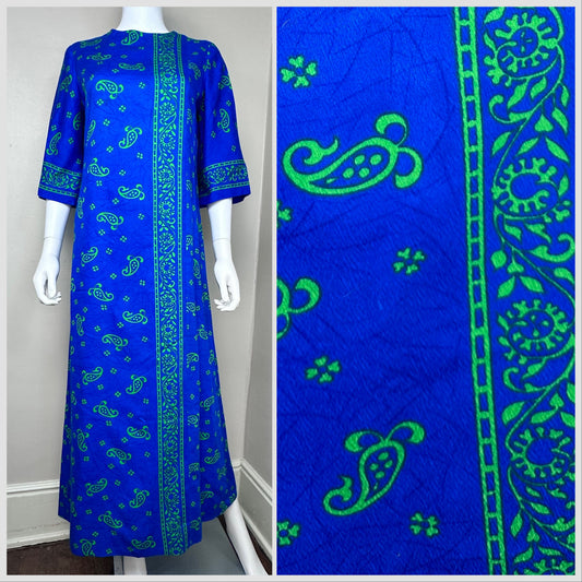 1960s Blue Paisley Maxi Dress, Liberty House Hawaii Polynesian Casuals Size Medium