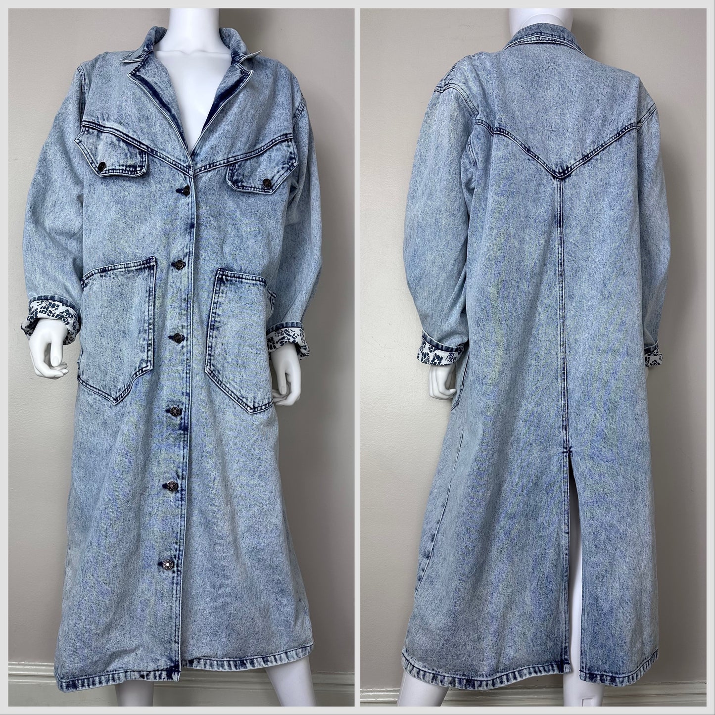 1980s Acid Wash Denim Full Length Coat, California Gold Rush Size Large