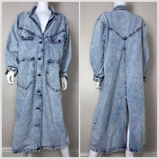 1980s Acid Wash Denim Full Length Coat, California Gold Rush Size Large