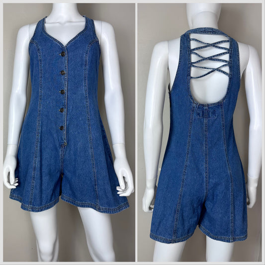1990s Sleeveless Denim Romper, Speed Control Size XS