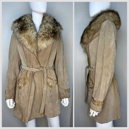 1970s Leather Coat with Lamb Fur Collar, Size Small, Penny Lane