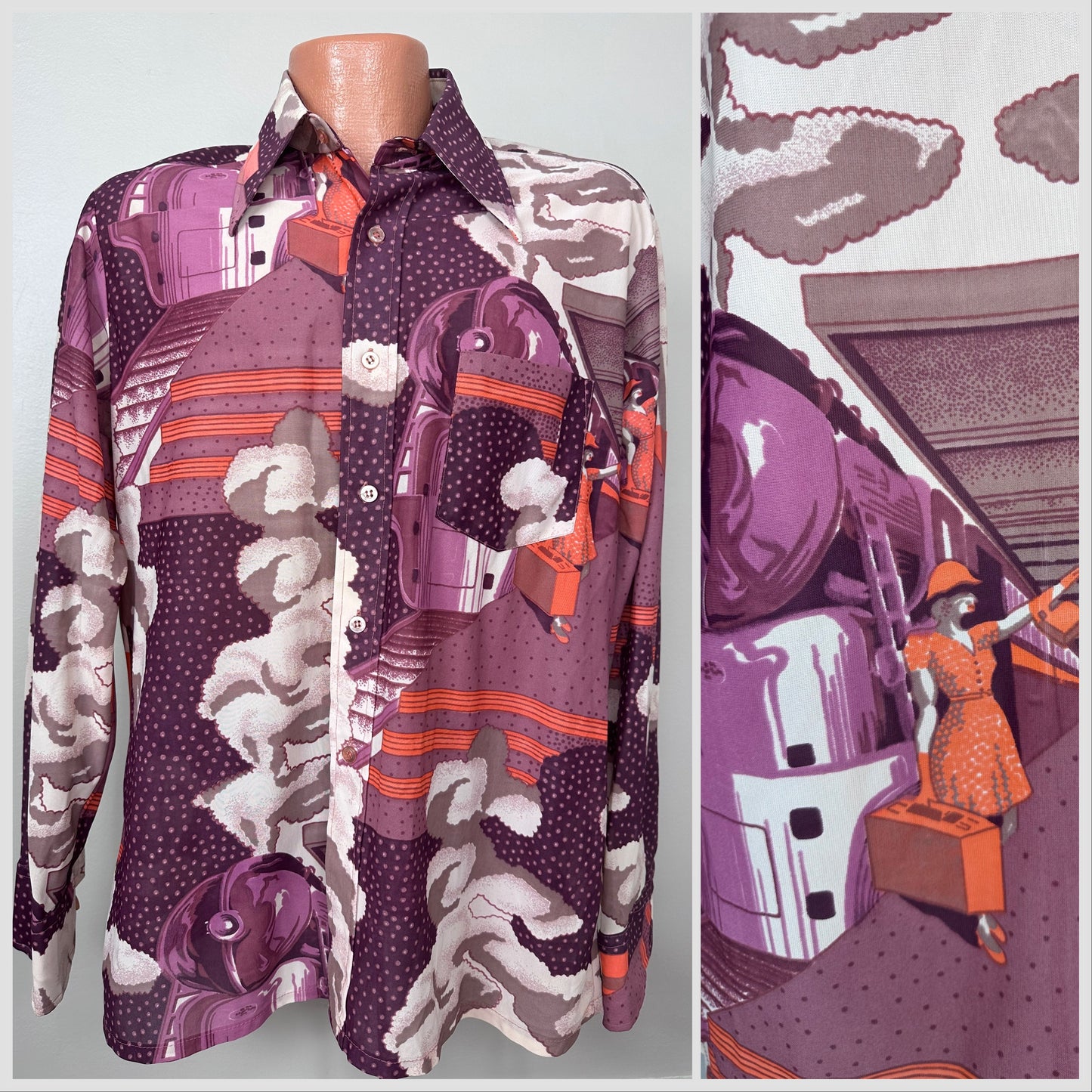 1970s Novelty Print Nylon Men’s Disco Shirt, Vintage Woman and Train, Kingsfield Size Large