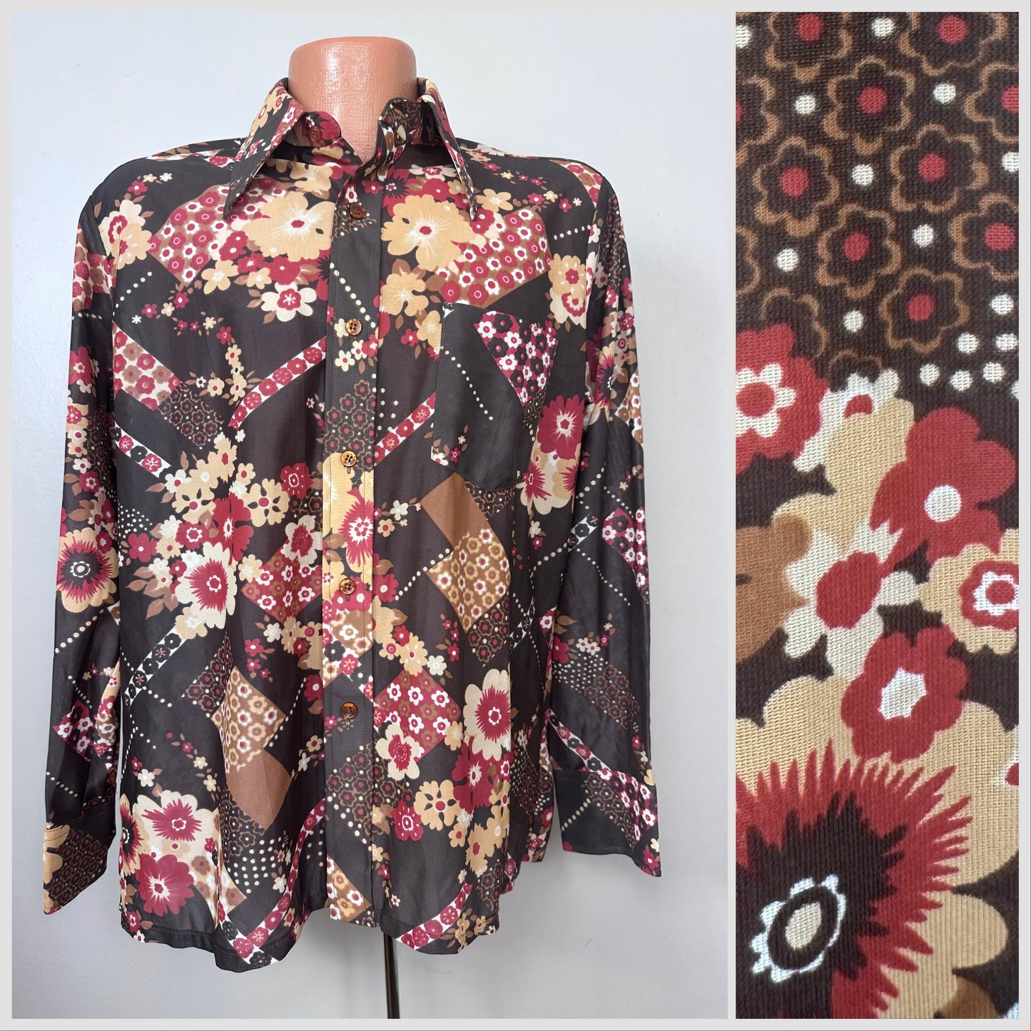 1970s Brown Floral Nylon Men’s Disco Shirt, Kingsfield Size Large