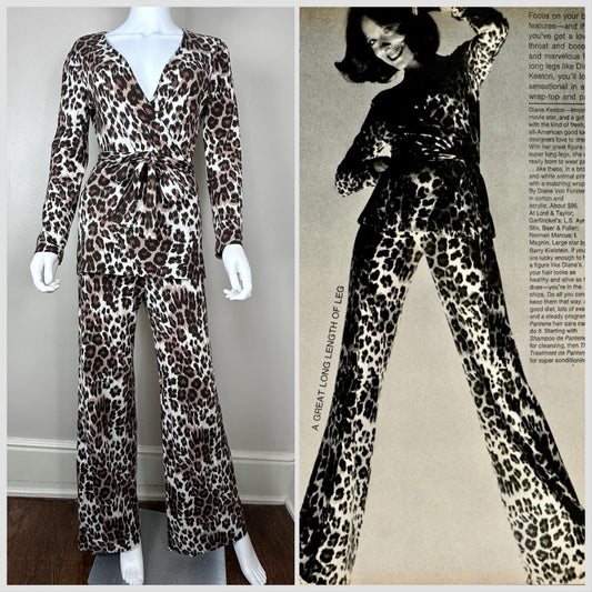 1970s Diane Von Furstenberg Leopard Print Wrap Tunic and Side Zip Pants, Size S/M, DVF