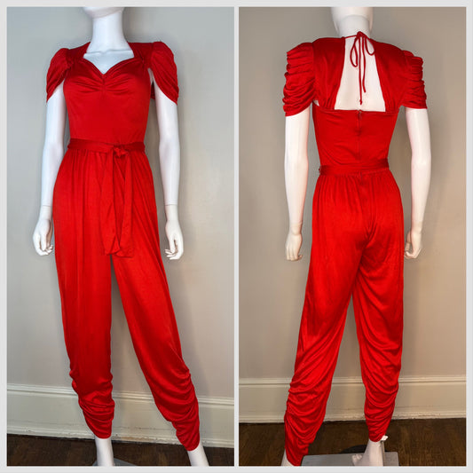 1970s/80s Red Disco Jumpsuit, Size XS/Small, Shiny, Ruching, Open Back