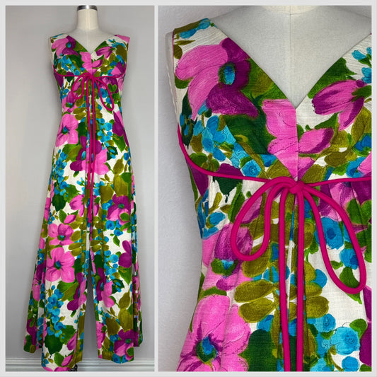 1960s Hawaiian Floral Cotton Barkcloth Jumpsuit, Wide Leg, Lauhala Hawaii Size XXS