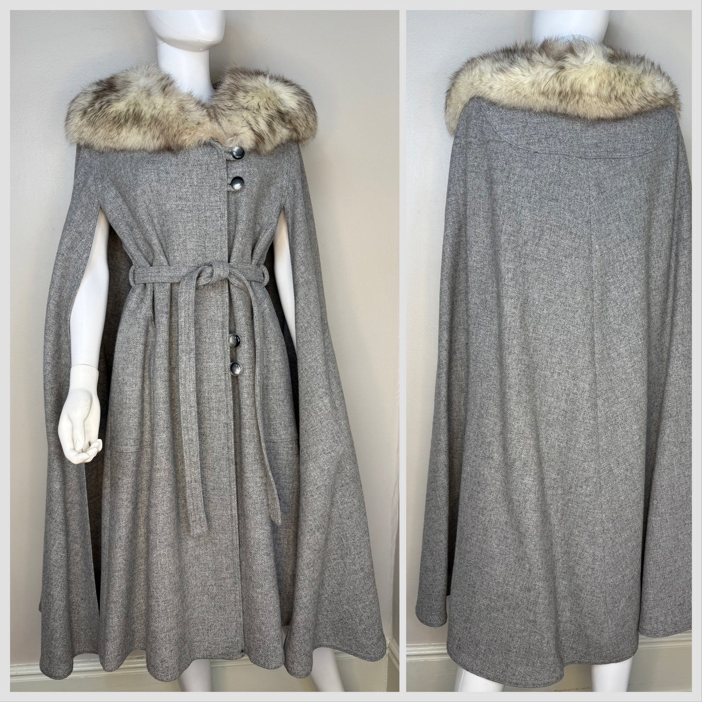 1960s/70s Grey Wool Cape with Fox Fur Collar, Size Medium, The American Way with Wool