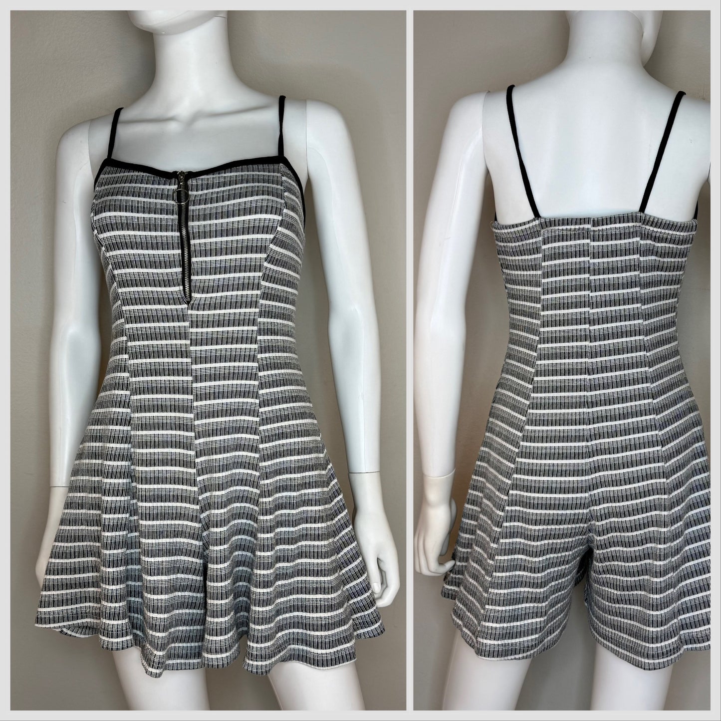 1990s Black and White Stripe Knit Romper, Cargo Size Small, Sleeveless