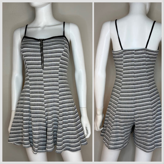 1990s Black and White Stripe Knit Romper, Cargo Size Small, Sleeveless