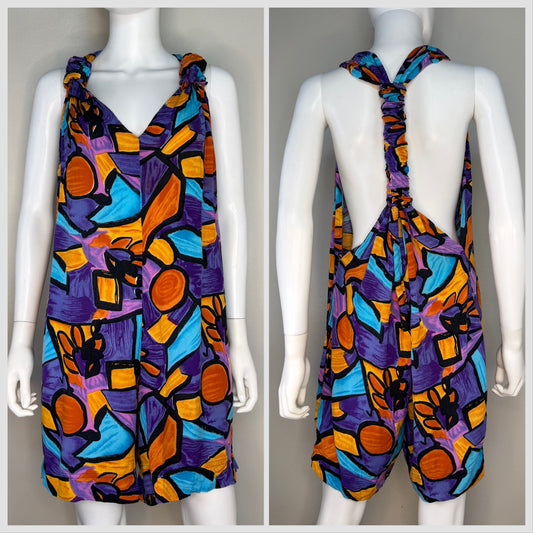 1990s Bright Abstract Print Romper, Sleeveless, One Size Fits Many