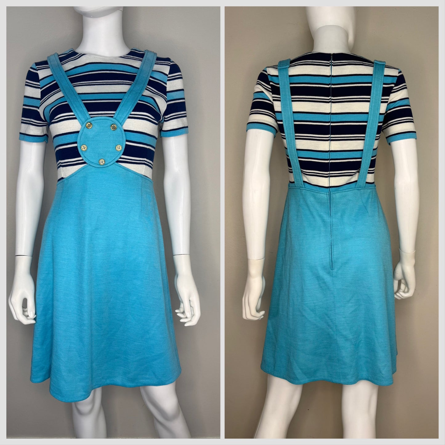 1960s Aqua Blue Mod Mini Dress, Size XS/Small, Faux Overall Jumper, Stripes