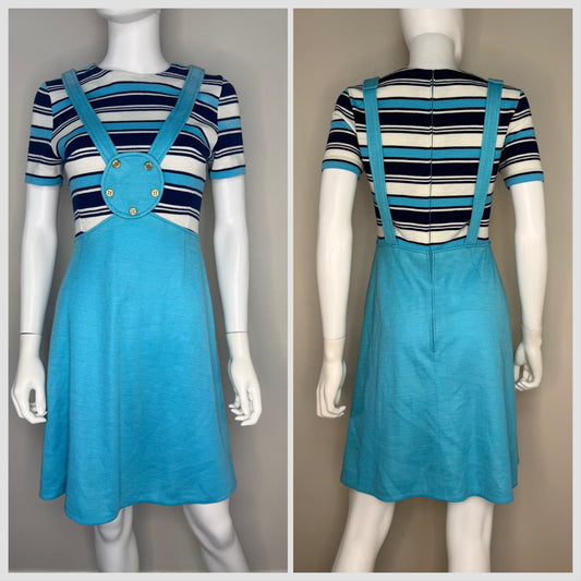 1960s Aqua Blue Mod Mini Dress, Size XS/Small, Faux Overall Jumper, Stripes