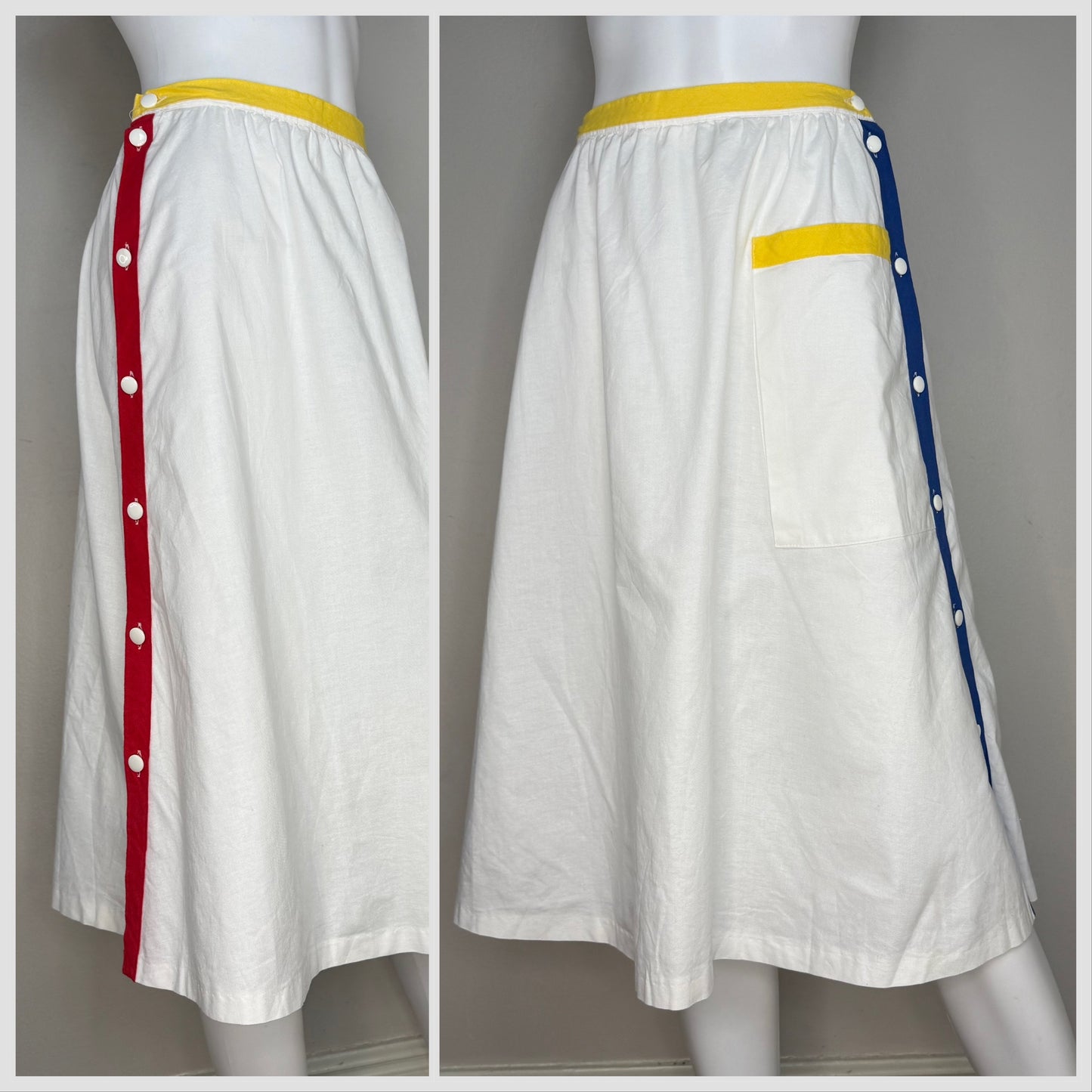 1980s White Side Button Midi Skirt with Primary Color Trim, Petri Sweden Size X-Small