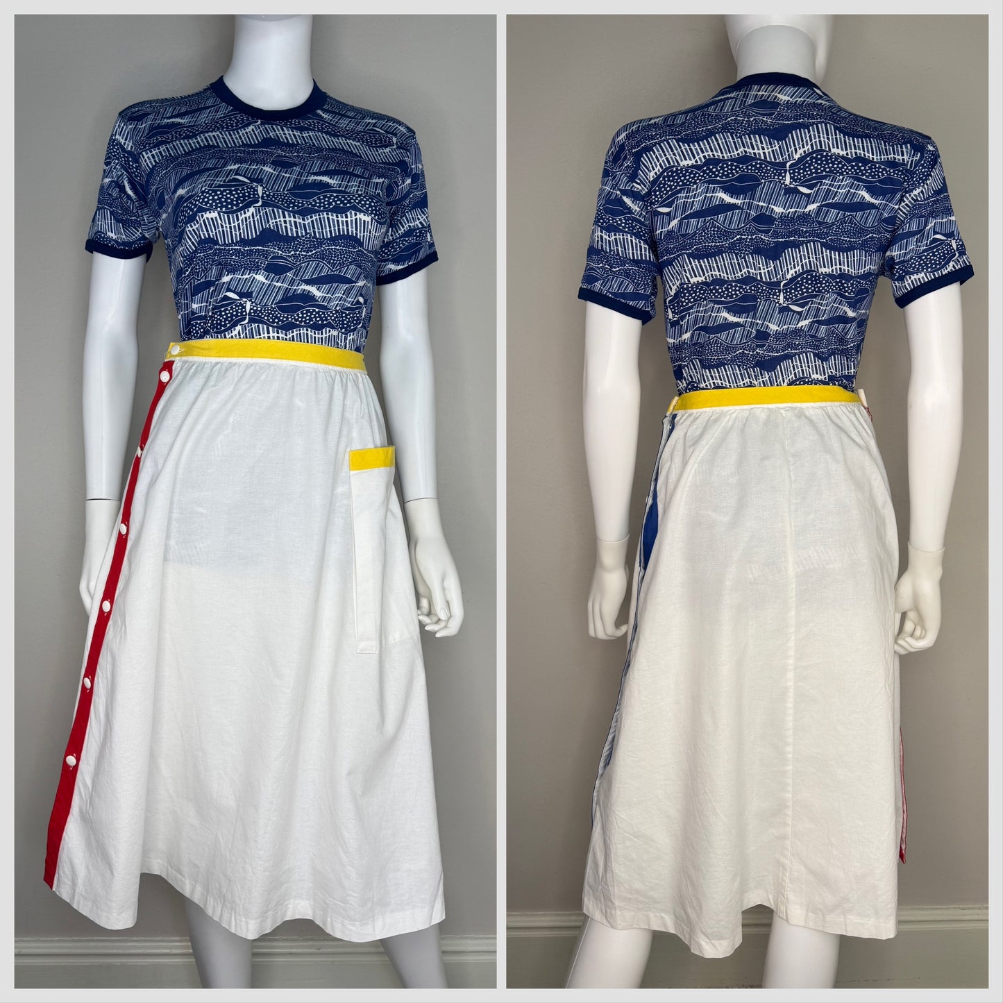 1980s White Side Button Midi Skirt with Primary Color Trim, Petri Sweden Size X-Small